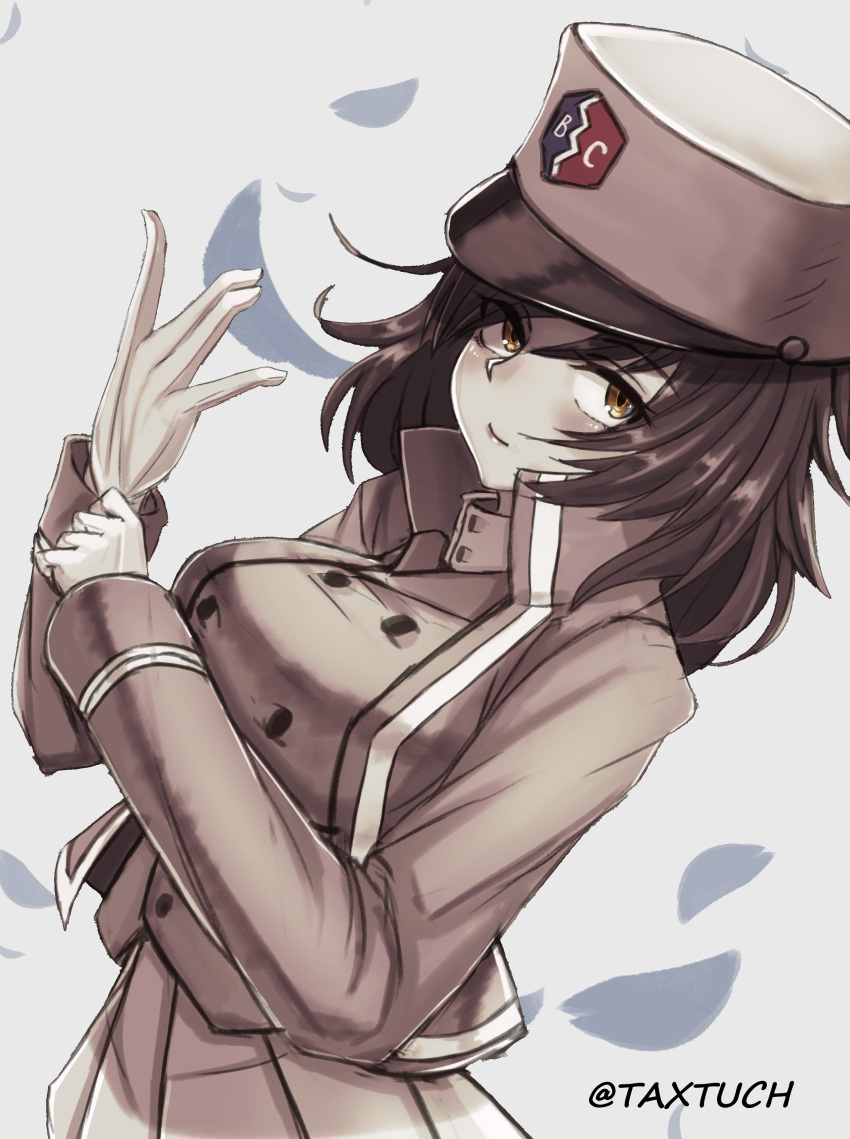 1girl absurdres andou_(girls_und_panzer) bangs bc_freedom_(emblem) bc_freedom_military_uniform brown_eyes closed_mouth commentary dress_shirt dutch_angle emblem girls_und_panzer glove_pull gloves greyscale hat high_collar highres jacket long_sleeves looking_at_viewer medium_hair military military_hat military_uniform miniskirt monochrome partially_colored pleated_skirt shako_cap shirt skirt smile solo standing tacch twitter_username uniform vest