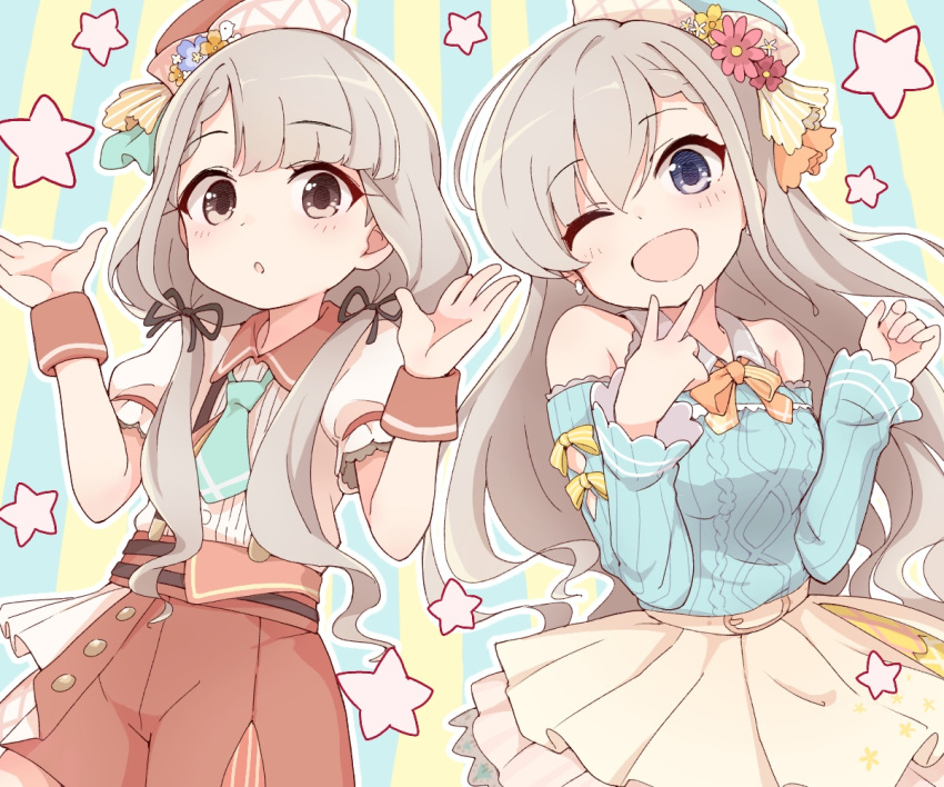 2girls :o ;d aran_sweater bangs black_ribbon blue_eyes blue_sweater blush brown_eyes brown_shorts brown_skirt collared_shirt commentary_request ddak5843 earrings eyebrows_visible_through_hair grey_hair hair_between_eyes hair_over_shoulder hair_ribbon head_tilt hisakawa_hayate hisakawa_nagi idolmaster idolmaster_cinderella_girls jewelry long_hair low_twintails multiple_girls one_eye_closed open_mouth parted_lips pleated_skirt puffy_short_sleeves puffy_sleeves ribbon shirt short_shorts short_sleeves shorts siblings sisters skirt smile star starry_background striped striped_background suspender_shorts suspenders sweater twins twintails vertical-striped_background vertical_stripes very_long_hair white_shirt