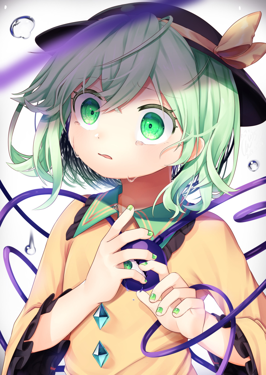 1girl absurdres arms_up black_headwear blouse blurry commentary_request depth_of_field eyebrows_visible_through_hair frilled_shirt_collar frilled_sleeves frills green_eyes green_hair green_nails gunjou_row hair_between_eyes hat highres komeiji_koishi long_sleeves looking_away nail_polish parted_lips short_hair simple_background solo standing tears third_eye touhou upper_body water_drop white_background wide-eyed yellow_blouse