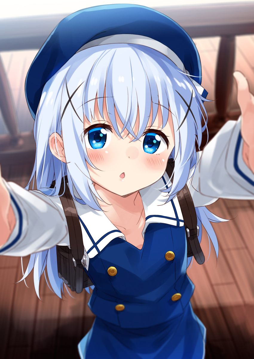 1girl :o absurdres arms_up back backpack bag bangs beret blue_eyes blue_hair blue_headwear blue_skirt blue_vest blurry blurry_background blush chestnut_mouth commentary depth_of_field eyebrows_visible_through_hair from_above gochuumon_wa_usagi_desu_ka? hair_between_eyes hair_ornament hat highres indoors kafuu_chino kafuu_chino's_school_uniform long_hair long_sleeves looking_at_viewer looking_up mousou_(mousou_temporary) outstretched_arms parted_lips railing reaching_out sailor_collar school_uniform shirt skirt solo vest white_sailor_collar white_shirt wooden_floor x_hair_ornament