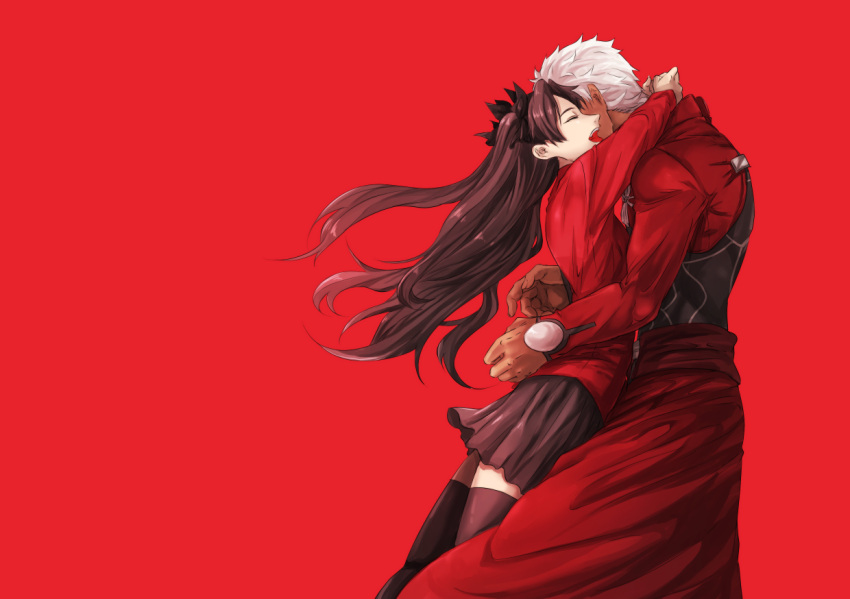 1boy 1girl :d archer black_bow black_legwear black_skirt bow brown_hair closed_eyes dark_skin fate/stay_night fate_(series) floating_hair from_side hair_bow hug long_hair long_sleeves miniskirt open_mouth pleated_skirt red_background red_shirt shiny shiny_hair shirt silver_hair simple_background skirt smile thigh-highs toosaka_rin twintails very_long_hair yamakichi zettai_ryouiki