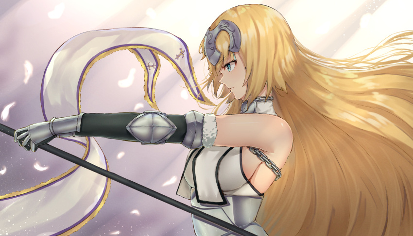 1girl armor armored_dress bao_(s_888) blonde_hair blue_eyes breasts chain commentary_request eyebrows_visible_through_hair fate/apocrypha fate/grand_order fate_(series) flag fur_trim gauntlets hair_between_eyes headpiece highres holding holding_flag jeanne_d'arc_(fate) jeanne_d'arc_(fate)_(all) large_breasts long_hair solo very_long_hair