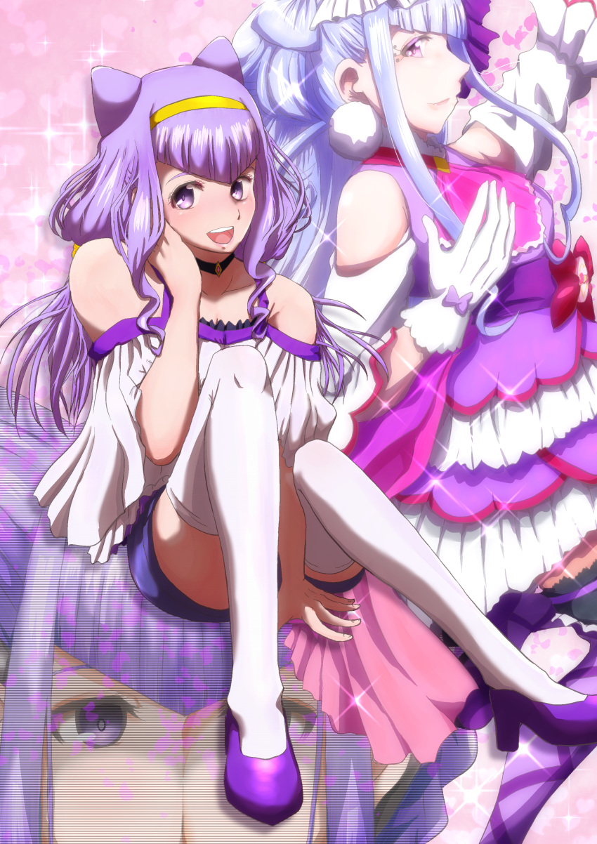 1girl :d absurdres bangs between_legs bow collar collarbone cure_amour floating_hair gloves hairband hand_between_legs hand_on_own_cheek highres hugtto!_precure long_hair looking_at_viewer makeup mascara multiple_persona off-shoulder_shirt off_shoulder open_mouth precure pumps purple_bow purple_footwear purple_hair purple_shorts ruru_amour shiny shiny_hair shirt short_shorts shorts shoulder_cutout sitting smile solo sparkle takllou thigh-highs thighs very_long_hair violet_eyes white_gloves white_legwear white_shirt yellow_hairband zettai_ryouiki