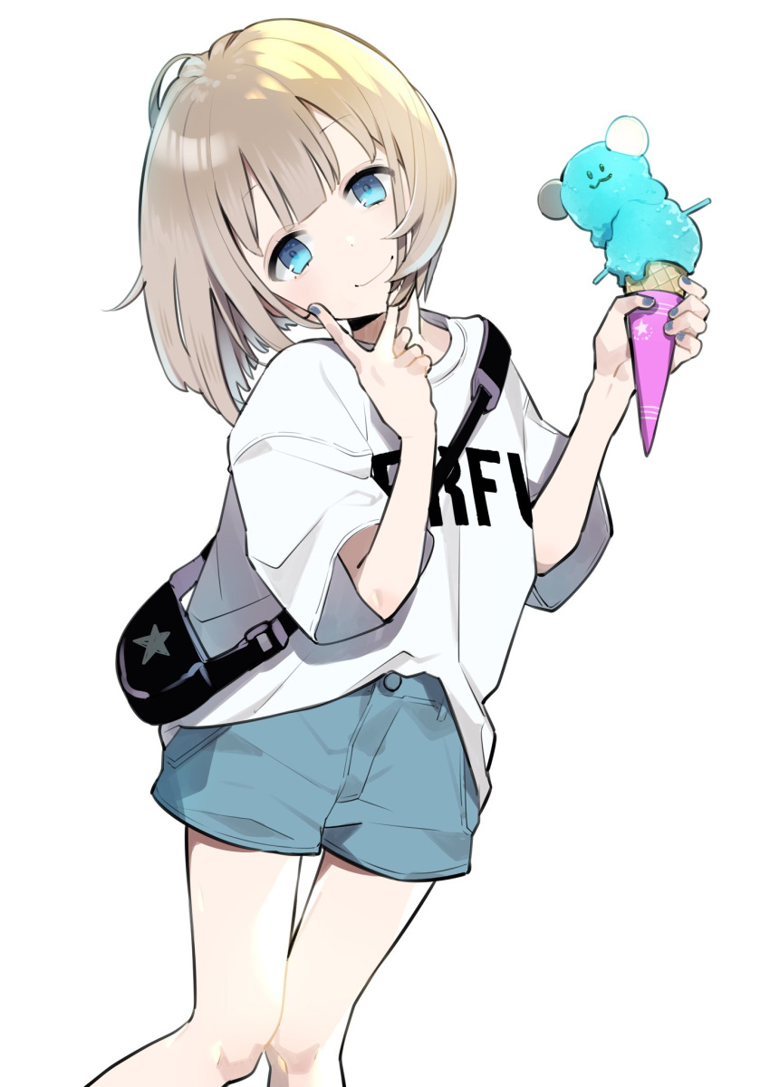 1girl baggy_clothes blonde_hair blue_eyes blue_shorts commentary cowboy_shot food head_tilt highres holding holding_food ice_cream idolmaster idolmaster_shiny_colors looking_at_viewer omucchan_(omutyuan) pouch serizawa_asahi shirt short_hair shorts simple_background smile solo v white_background white_shirt