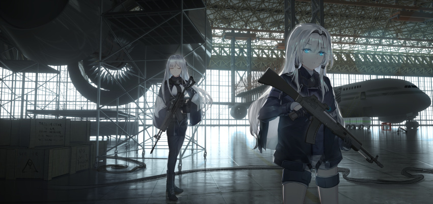 2girls absurdres aircraft airplane ak-12 ak-12_(girls_frontline) an-94 an-94_(girls_frontline) assault_rifle bangs black_footwear black_jacket black_pants black_shirt blue_eyes boots breasts closed_eyes closed_mouth crate day english_text even_(17245601) eyebrows_visible_through_hair girls_frontline grey_shorts gun hair_between_eyes hangar highres holding holding_gun holding_weapon huge_filesize indoors jacket long_hair medium_breasts multiple_girls object_namesake open_clothes open_jacket pants rifle scenery shirt short_shorts shorts silver_hair standing sunlight very_long_hair weapon white_shirt