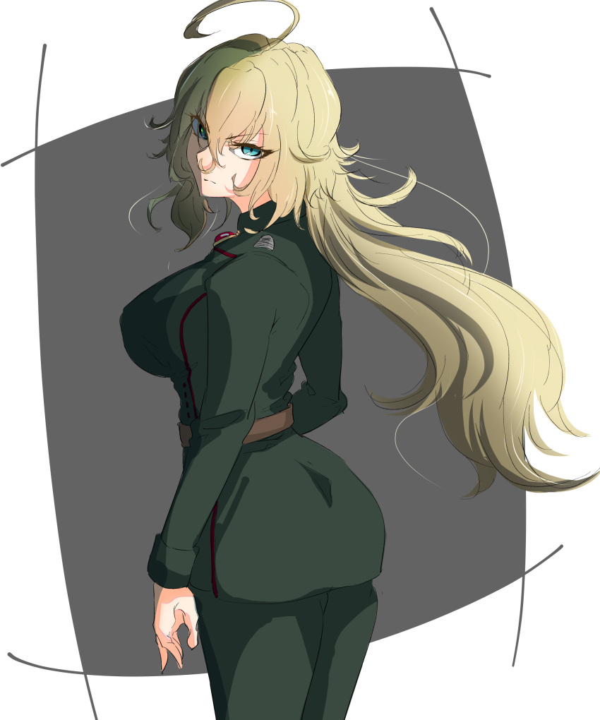 1girl absurdres ahoge alternate_breast_size alternate_hair_length alternate_hairstyle alternate_height belt blonde_hair blue_eyes breasts commentary_request cowboy_shot from_behind hair_between_eyes highres isekai_quartet large_breasts looking_at_viewer military military_uniform older shumazarashi solo tanya_degurechaff uniform youjo_senki