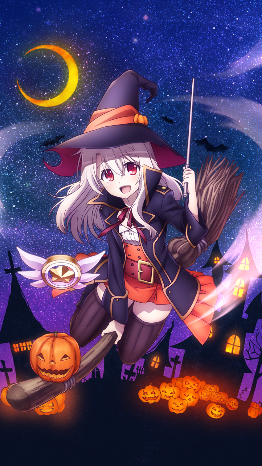 1girl :d absurdres albino artist_request bangs bat black_legwear blue_jacket broom broom_riding crescent_moon cross dot_nose dress_shirt eyebrows_visible_through_hair fate/kaleid_liner_prisma_illya fate_(series) floating_hair flying full_body hair_between_eyes halloween halloween_costume hand_up hat hat_ribbon highres holding holding_wand illyasviel_von_einzbern jack-o'-lantern jacket long_hair long_sleeves looking_at_viewer magical_ruby miniskirt moon neck_ribbon official_art open_clothes open_jacket open_mouth orange_skirt outdoors pale_skin pleated_skirt popped_collar pumpkin red_eyes red_ribbon ribbon shirt silver_hair skirt sky smile solo star star_(sky) starry_moon starry_sky thigh-highs visible_air wand white_hair white_shirt witch witch_hat zettai_ryouiki