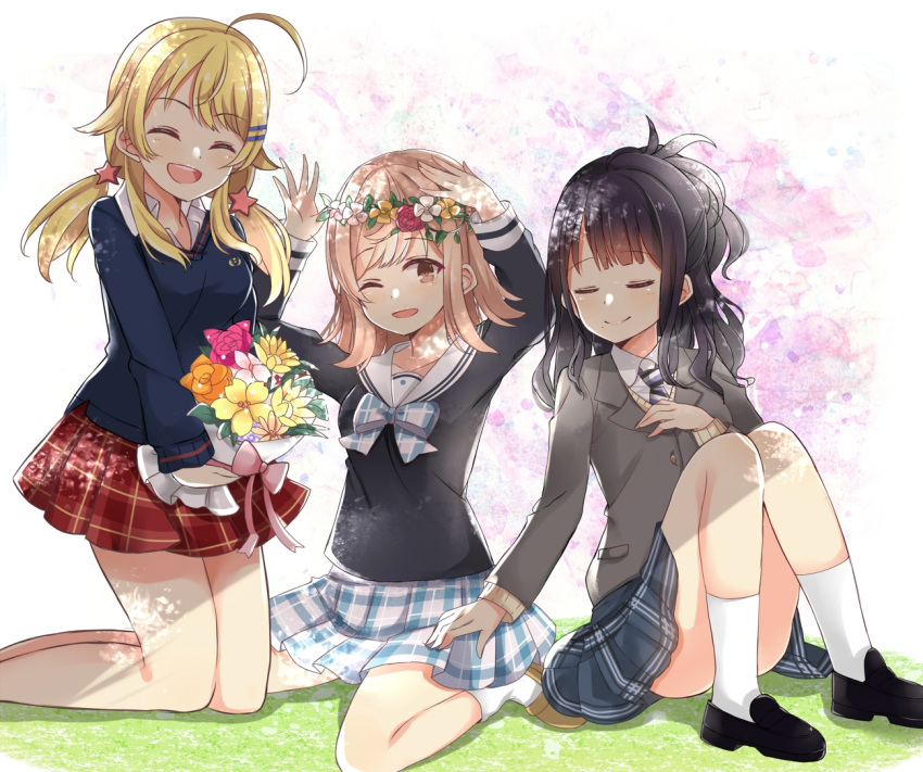 3girls :d ;d ahoge amidada arms_up black_footwear black_shirt blazer blonde_hair blue_skirt blue_sweater blush bouquet bow breasts brown_eyes brown_flower brown_footwear closed_eyes closed_mouth collared_shirt diagonal-striped_neckwear diagonal_stripes flower flower_wreath grey_jacket hachimiya_meguru hair_ornament head_wreath holding holding_bouquet idolmaster idolmaster_shiny_colors jacket kazano_hiori kneeling knees_up light_brown_hair loafers long_hair low_twintails medium_breasts mole mole_under_mouth multiple_girls one_eye_closed open_mouth pink_flower plaid plaid_bow plaid_skirt pleated_skirt red_flower red_rose red_skirt rose round_teeth sailor_collar sakuragi_mano school_uniform serafuku shirt shoes sitting skirt smile socks star star_hair_ornament striped striped_neckwear sweater teeth twintails upper_teeth wariza white_flower white_legwear white_sailor_collar white_shirt