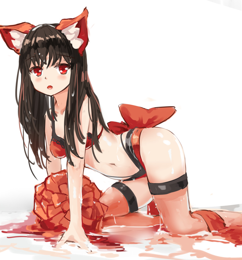 1girl :o absurdres all_fours animal_ears bare_arms bare_shoulders bikini black_hair blush bow fox_ears highleg highleg_bikini highres long_hair looking_at_viewer navel original parted_lips pom_poms qianqiu_wanxia red_bikini red_bow red_eyes simple_background solo stomach swimsuit thigh_strap thighs water white_background
