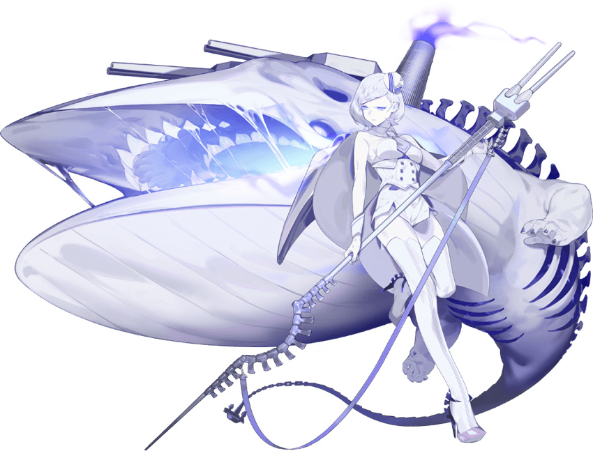 1girl abyssal_pacific_hime adapted_turret akira_(kadokawa) anchor blue_eyes blue_whale bob_cut cape chain detached_collar full_body glowing_mouth harpoon high_heels holding holding_weapon kantai_collection knee_up leaning_back looking_to_the_side necktie official_art plantar_flexion shinkaisei-kan smokestack solo spine spines strap strappy_heels teeth thigh-highs turret waist_cape weapon white_hair white_legwear white_skin wrist_cuffs zettai_ryouiki