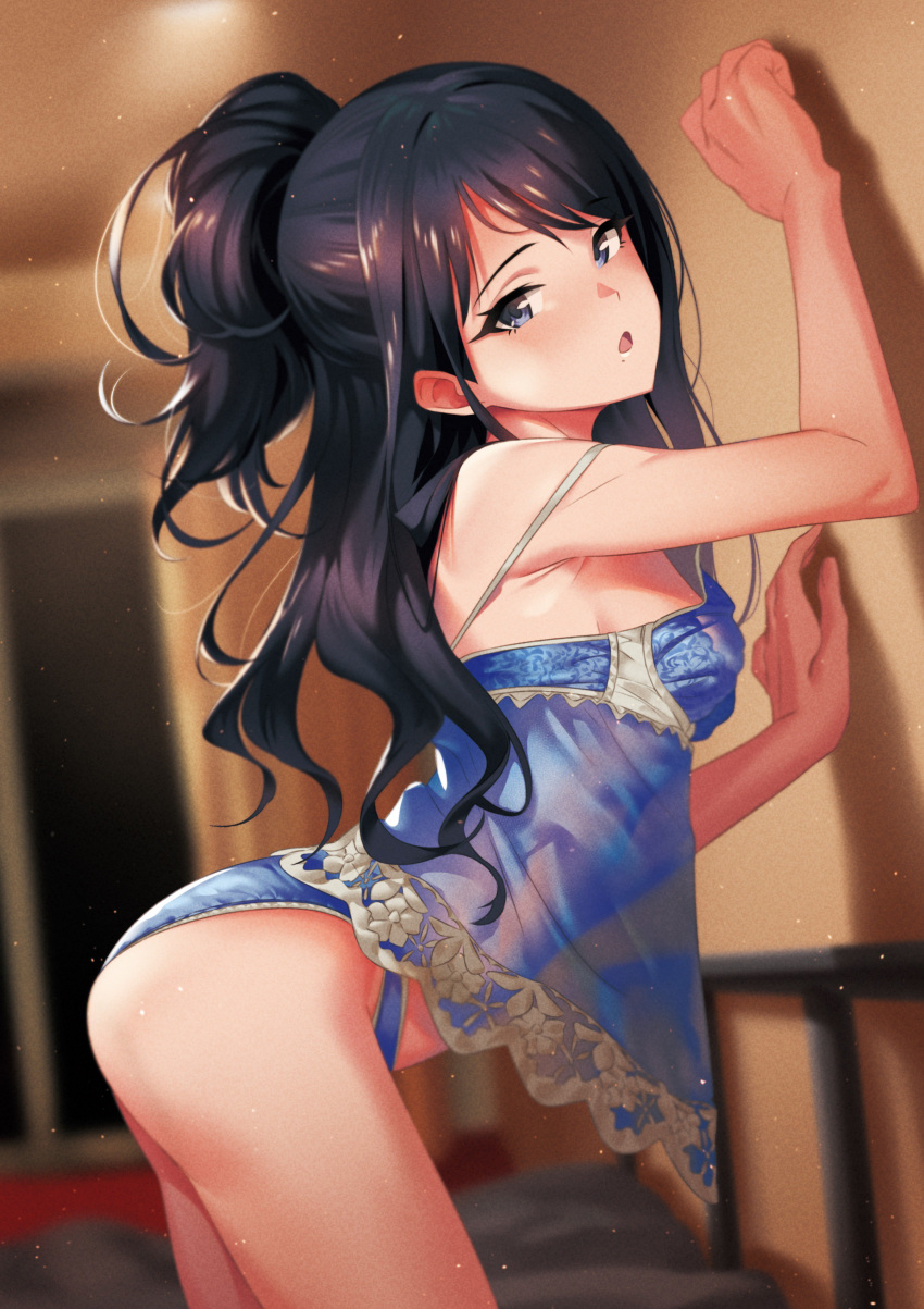 1girl absurdres against_wall arched_back armpits ass babydoll bangs black_hair blue_eyes blue_panties blurry blurry_background blush breasts commentary_request contrapposto cowboy_shot depth_of_field dutch_angle from_side fukushi_ryouhei half_updo highres idolmaster idolmaster_shiny_colors indoors kazano_hiori lace lace_trim light_particles lingerie long_hair looking_at_viewer mole mole_under_mouth open_mouth panties see-through small_breasts solo swept_bangs underwear underwear_only wavy_hair