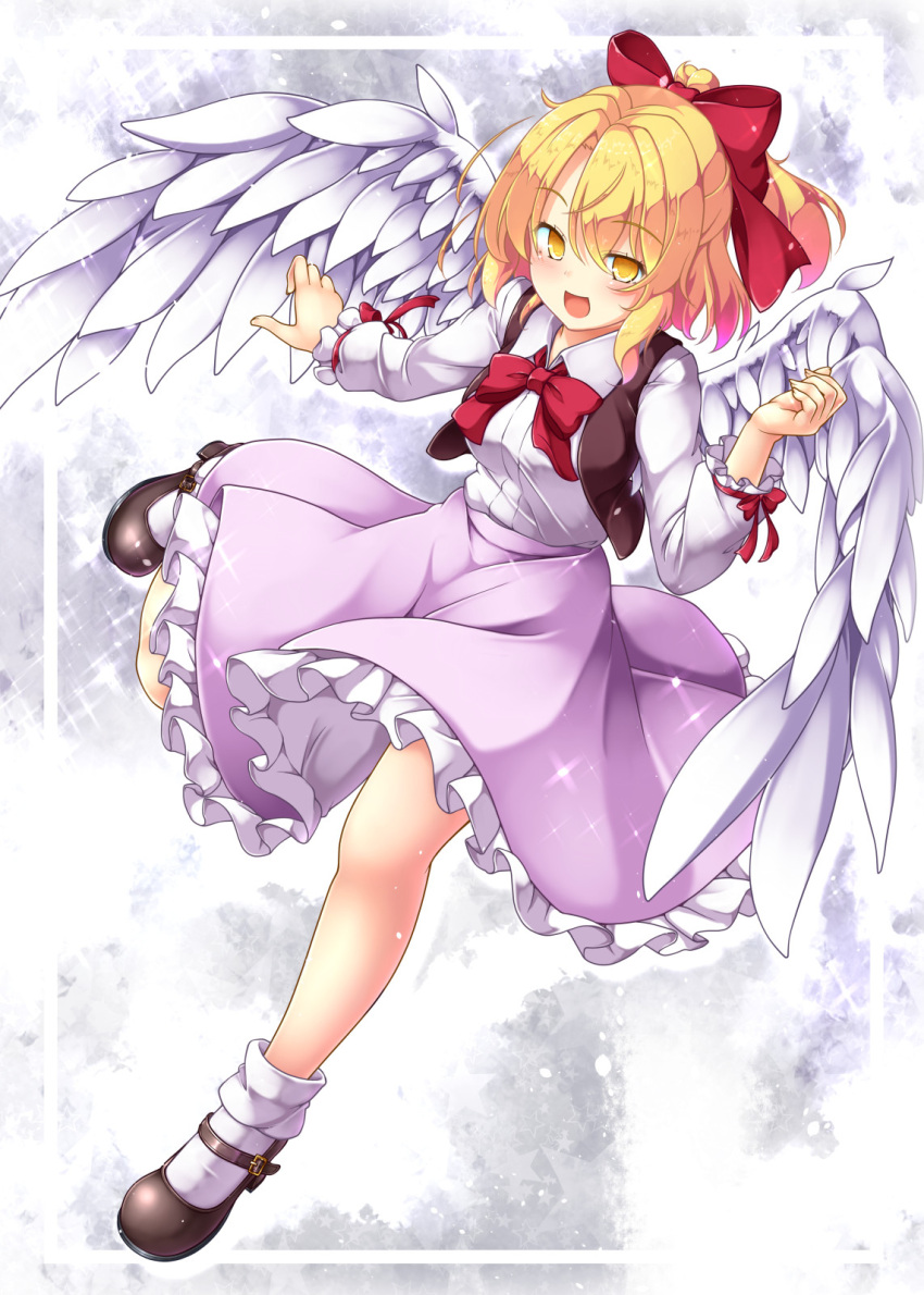 1girl :d aka_tawashi bangs black_footwear blonde_hair blush bow bowtie breasts brown_vest commentary_request eyebrows_visible_through_hair feathered_wings full_body gengetsu hair_between_eyes hair_bow half_updo hand_up highres leg_up looking_at_viewer mary_janes medium_breasts open_mouth petticoat pink_skirt red_bow red_neckwear shirt shoes short_hair skirt smile socks solo sparkle touhou touhou_(pc-98) vest white_legwear white_shirt white_wings wings yellow_eyes