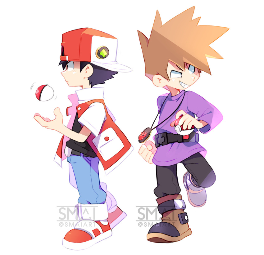 2boys backwards_hat belt black_hair boots brown_hair chibi clenched_hand denim gen_1_pokemon grin hat highres jacket jeans jewelry male_focus multiple_boys ookido_green open_clothes open_jacket pants pendant poke_ball poke_ball_(generic) pokemon pokemon_(game) pokemon_rgby pokemon_trainer purple_sweater red_(pokemon) sami_briggs shoes short_hair smile sneakers spiky_hair sweater white_background