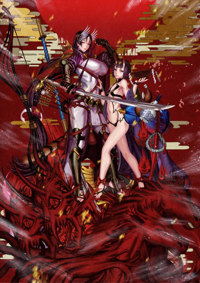 2girls bangs barefoot_sandals bob_cut bodysuit bow_(weapon) breasts covered_navel cup edenfox fate/grand_order fate_(series) fingerless_gloves gloves headpiece highres holding holding_sword holding_weapon japanese_clothes katana kimono large_breasts long_hair looking_at_viewer low-tied_long_hair minamoto_no_raikou_(fate/grand_order) multiple_girls oni_horns open_clothes open_kimono parted_bangs purple_bodysuit purple_hair purple_kimono revealing_clothes ribbed_sleeves rope sakazuki short_eyebrows short_hair shuten_douji_(fate/grand_order) small_breasts smile standing sword very_long_hair violet_eyes weapon