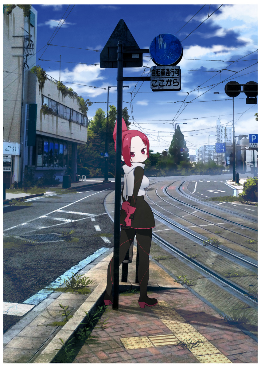 1girl blue_sky boots building commentary_request folded_ponytail full_body gloves high_heel_boots high_heels highres kemurikusa long_sleeves looking_at_viewer looking_back plant red_eyes redhead rin_(kemurikusa) road_sign ruins sat-c scarf short_hair sign sky solo tree vest white_scarf white_vest