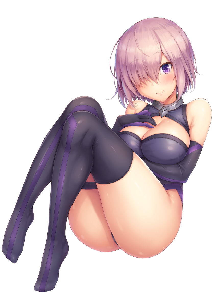 1girl breasts cleavage_cutout elbow_gloves eyebrows_visible_through_hair fate/grand_order fate_(series) gloves hair_over_one_eye highres large_breasts leotard looking_at_viewer mash_kyrielight no_shoes purple_gloves purple_hair purple_legwear purple_leotard short_hair simple_background smile snowcanvas solo thigh-highs thigh_strap violet_eyes white_background