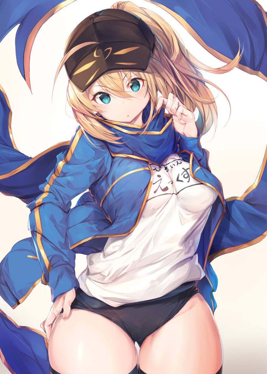 1girl ahoge artoria_pendragon_(all) bangs baseball_cap black_headwear blonde_hair blue_eyes blue_jacket blue_scarf breasts commentary_request cowboy_shot fal_maro fate/grand_order fate_(series) hair_between_eyes hair_through_headwear hand_on_hip hat head_tilt highres jacket long_hair looking_at_viewer medium_breasts mysterious_heroine_x open_clothes open_jacket ponytail scarf shirt shorts sidelocks solo thigh-highs thighs track_jacket white_shirt wind wind_lift