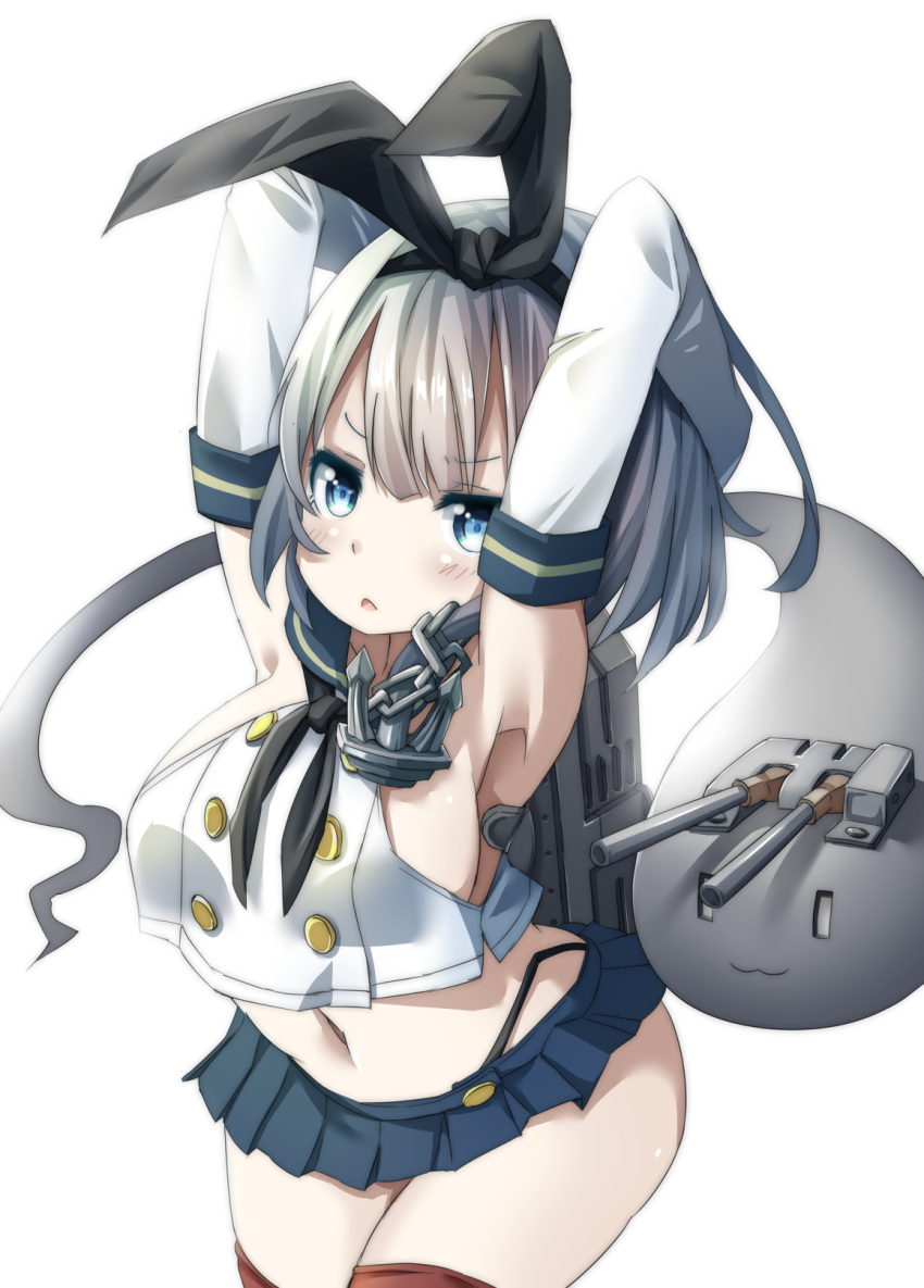 1girl alternate_breast_size anchor_hair_ornament armpits arms_up blue_eyes bob_cut breasts chain commentary_request cosplay elbow_gloves gloves hair_ornament highres kantai_collection konpaku_youmu konpaku_youmu_(ghost) large_breasts microskirt navel pegashi rensouhou-chan rensouhou-chan_(cosplay) rigging shimakaze_(kantai_collection) shimakaze_(kantai_collection)_(cosplay) short_hair skirt thigh-highs thong touhou white_background white_gloves white_hair