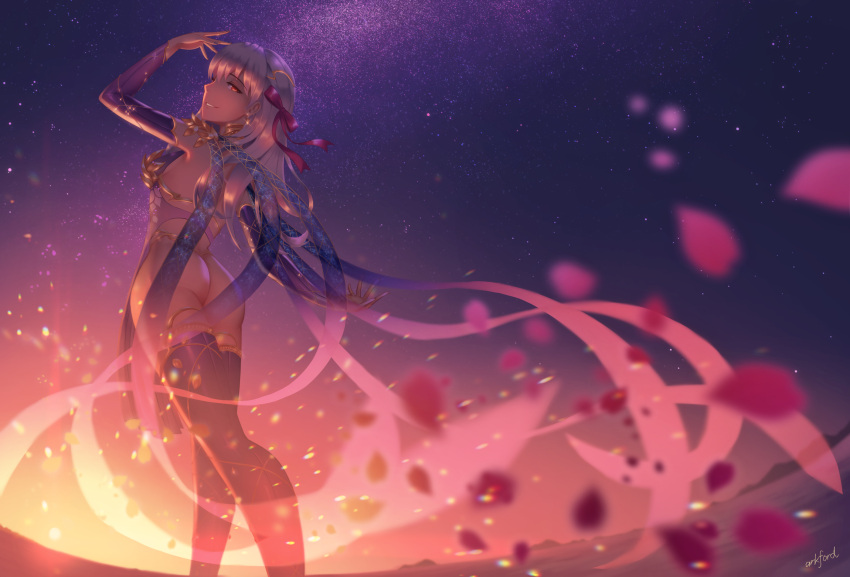 1girl ark_ford ass backless_outfit bow detached_sleeves fate/grand_order fate_(series) from_behind hair_bow highres kama_(fate/grand_order) long_hair night night_sky pelvic_curtain petals red_eyes signature sky smile sunset thigh-highs white_hair