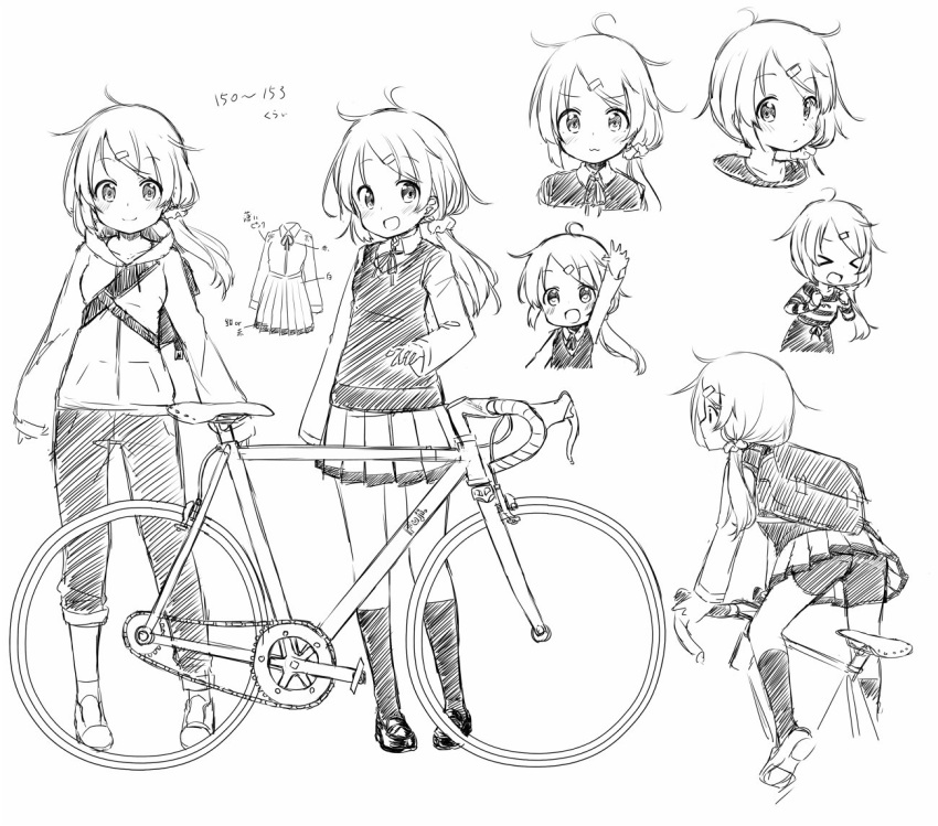 &gt;_&lt; 1girl :d arm_up bangs bicycle bike_shorts blush chibi closed_eyes closed_mouth collared_shirt drawstring eyebrows_visible_through_hair greyscale ground_vehicle hair_ornament hair_scrunchie hairclip hood hood_down hooded_jacket jacket kneehighs loafers long_hair low_ponytail monochrome multiple_views open_mouth original pants pigeon-toed pleated_skirt ponytail red_ribbon ribbon school_uniform scrunchie sekira_ame shirt shoes shorts shorts_under_skirt skirt smile striped striped_shirt sweater_vest swept_bangs white_background