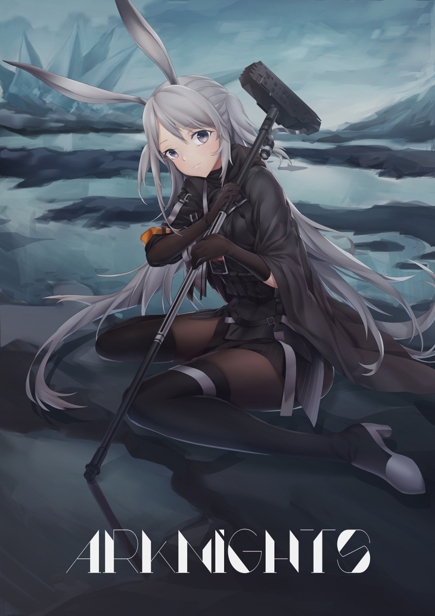 1girl animal_ears arknights bangs black_footwear black_jacket black_legwear black_skirt blush boots brown_legwear closed_mouth clouds cloudy_sky commentary_request copyright_name crystal eyebrows_visible_through_hair grey_eyes grey_hair hair_between_eyes hammer head_tilt high_heel_boots high_heels highres holding holding_hammer jacket long_hair looking_at_viewer on_ground outdoors pantyhose rabbit_ears savage_(arknights) sidelocks sitting skirt sky solo striped thigh-highs thigh_boots twintails vertical-striped_skirt vertical_stripes very_long_hair wariza water xo_(xo17800108)