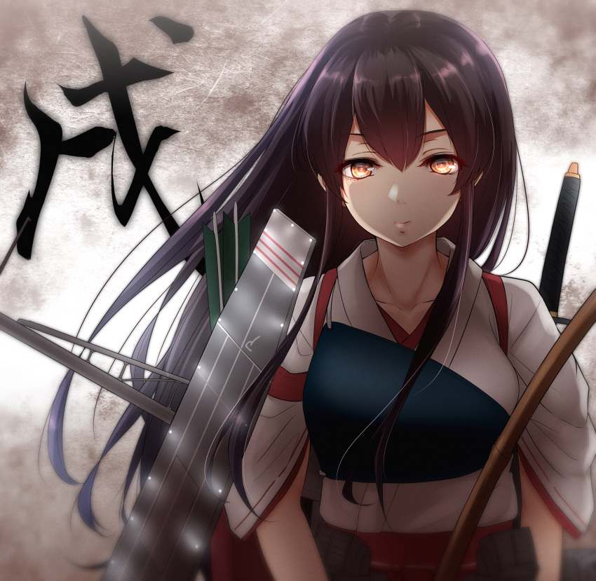 akagi_(kantai_collection) bangs bow_(weapon) breasts brown_eyes brown_hair collarbone commentary_request flight_deck floating_hair glowing glowing_eyes hair_between_eyes highres holding holding_weapon japanese_clothes kantai_collection large_breasts lights long_hair looking_at_viewer muneate nontraditional_miko nuka_(nvkka) remodel_(kantai_collection) ribbon-trimmed_sleeves ribbon_trim rigging sidelocks straight_hair tasuki upper_body weapon wind