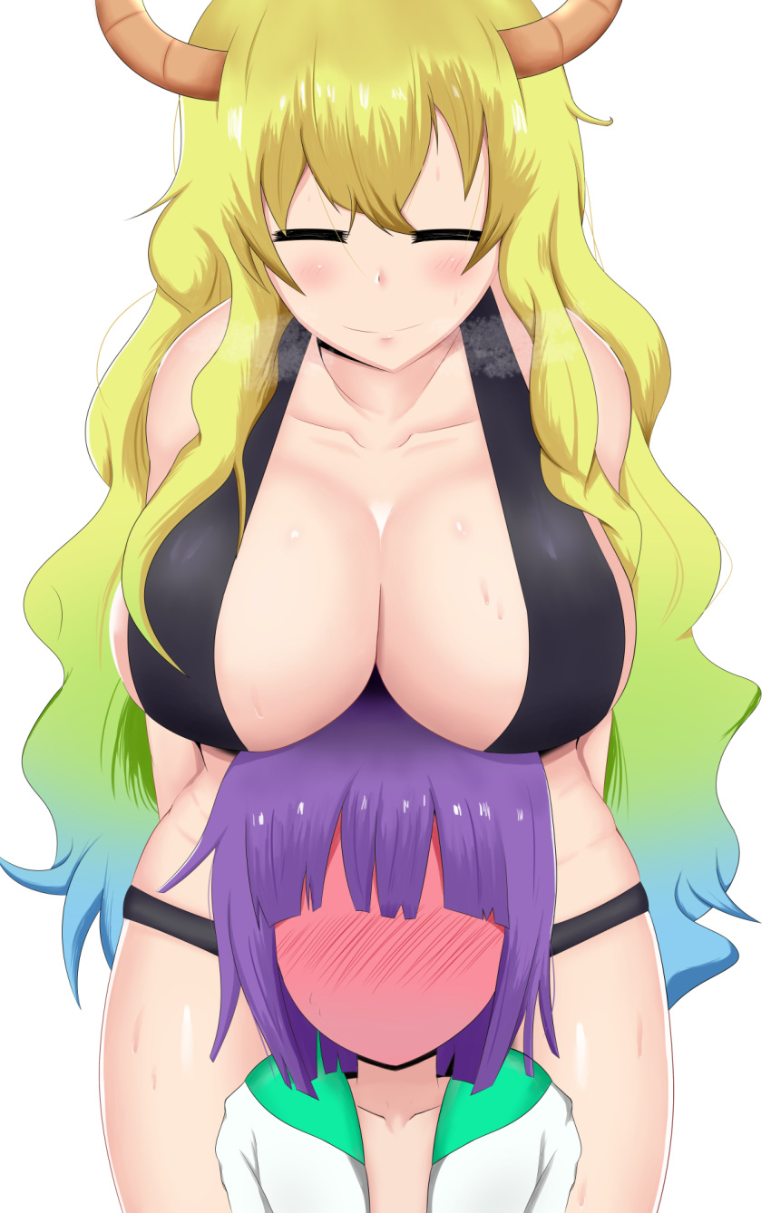 1boy 1girl ^_^ age_difference artist_request baseball_cap blonde_hair blush breast_rest breasts closed_eyes closed_mouth collarbone commentary_request dragon_horns full-face_blush gradient_hair green_hair hat height_difference highres horns huge_breasts kobayashi-san_chi_no_maidragon large_breasts leaning_forward long_hair magatsuchi_shouta multicolored_hair pink_headwear quetzalcoatl_(maidragon) slingshot_swimsuit smile swimsuit tank_top wavy_hair