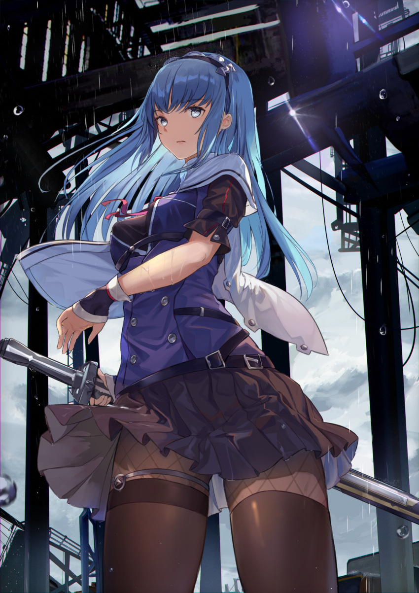 1girl bangs belt black_shirt blue_hair blue_vest breasts brown_legwear capelet commentary_request cowboy_shot double-breasted expressionless fishnet_pantyhose fishnets floating_hair gradient_hair hairband highres holding holding_sheath long_hair looking_at_viewer mosta_(lo1777789) multicolored_hair original pantyhose parted_lips pleated_skirt purple_skirt rain sheath sheathed shirt short_sleeves sidelocks skirt solo sword thigh-highs thigh_strap vest weapon wind wrist_cuffs