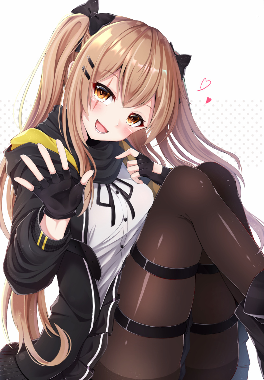 1girl bangs black_bow black_gloves blush bow breasts brown_hair brown_legwear commentary_request eyebrows_visible_through_hair fingerless_gloves girls_frontline gloves hair_between_eyes hair_bow hair_ornament hairclip hand_up head_tilt heart highres hood hood_down hooded_jacket jacket long_hair looking_at_viewer neck_ribbon nya_rl open_mouth pantyhose ribbon scar scar_across_eye scarf shirt sitting skirt smile thigh_strap twintails ump9_(girls_frontline) white_shirt
