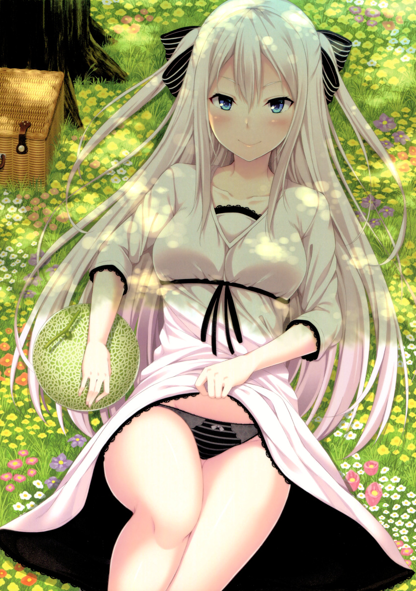 1girl absurdres black_bow black_panties blue_eyes blush bow bow_panties collarbone dress dress_lift from_above groin hair_between_eyes hair_bow highres lifted_by_self long_hair looking_at_viewer lying nectar_(fujiya) on_back original outdoors panties silver_hair smile solo striped striped_bow striped_panties underwear very_long_hair white_dress