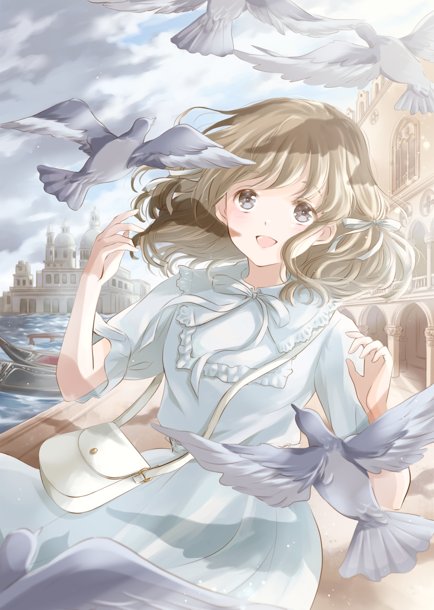 1girl absurdres architecture arms_up bag bird blue_dress blue_sky brown_eyes clouds commentary_request cowboy_shot day dove dress eyebrows_visible_through_hair facing_viewer gondola hair_blowing hair_ribbon handbag highres hoshiibara_mato leaning_to_the_side light_brown_hair light_particles looking_up medium_hair neck_ribbon open_mouth original outdoors pier ribbon shadow short_sleeves sky solo standing thick_eyebrows venice walkway water