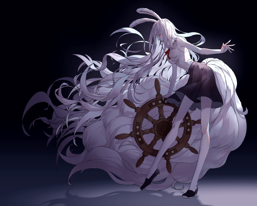 1girl absurdly_long_hair absurdres animal_ears balancing black_background black_skirt breasts carrot_(one_piece) commentary_request covered_navel dark_background expressionless floating_hair fluffy from_side full_body fur_collar furry glowing glowing_eyes highres holding kieshi_heta large_breasts leaning_forward long_hair long_tail mature monster_girl neck_ribbon one_piece plantar_flexion rabbit_ears rabbit_girl red_eyes red_neckwear ribbon shadow simple_background skirt sleeveless solo steering_wheel tail tall very_long_hair very_long_tail wavy_hair white_hair
