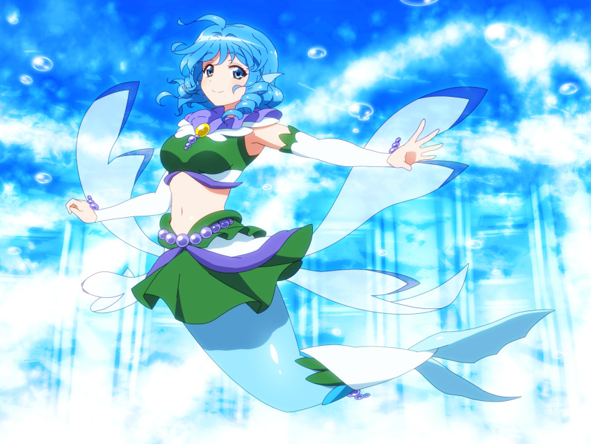 1girl adapted_costume ahoge air_bubble bangs bare_shoulders beads blue_eyes blue_hair breasts brooch bubble commentary cosplay crop_top cure_mermaid cure_mermaid_(cosplay) detached_sleeves drill_hair drill_locks eyebrows_visible_through_hair full_body go!_princess_precure green_skirt head_fins jewelry large_breasts light_rays looking_at_viewer mermaid midriff miniskirt monster_girl navel outstretched_arm precure shirosato short_hair skirt skirt_set smile solo stomach touhou underwater wakasagihime