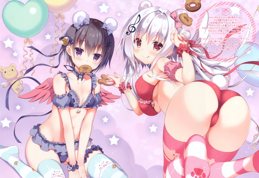2girls :q absurdres animal_ears ass back bangs bare_shoulders bikini bikini_skirt black_bikini black_hair blush bow breasts closed_mouth collarbone doughnut eyebrows_visible_through_hair food frilled_skirt frilled_wrist_cuffs frills from_behind futaba_miwa hair_bow hair_bun hair_ornament hair_ribbon hairclip highres holding holding_food huge_filesize large_breasts long_hair looking_at_viewer looking_back mouth_hold multiple_girls no_shoes original purple_ribbon red_bikini red_eyes ribbon scan shenon_(futaba_miwa) short_hair sideboob sitting skirt small_breasts smile striped striped_legwear stuffed_animal stuffed_toy swimsuit tail teddy_bear thigh-highs thigh_strap thighs tongue tongue_out under_boob violet_eyes wariza wings wrist_cuffs