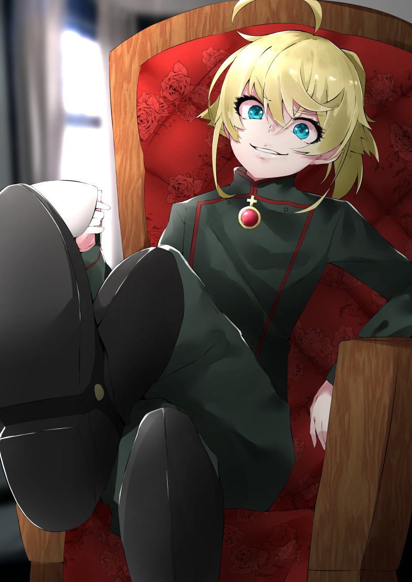 1girl absurdres ahoge blonde_hair blue_eyes boots commentary_request cotton_kanzaki grin hair_between_eyes highres huge_ahoge looking_at_viewer medal military military_uniform ponytail smile soldier solo tanya_degurechaff uniform youjo_senki