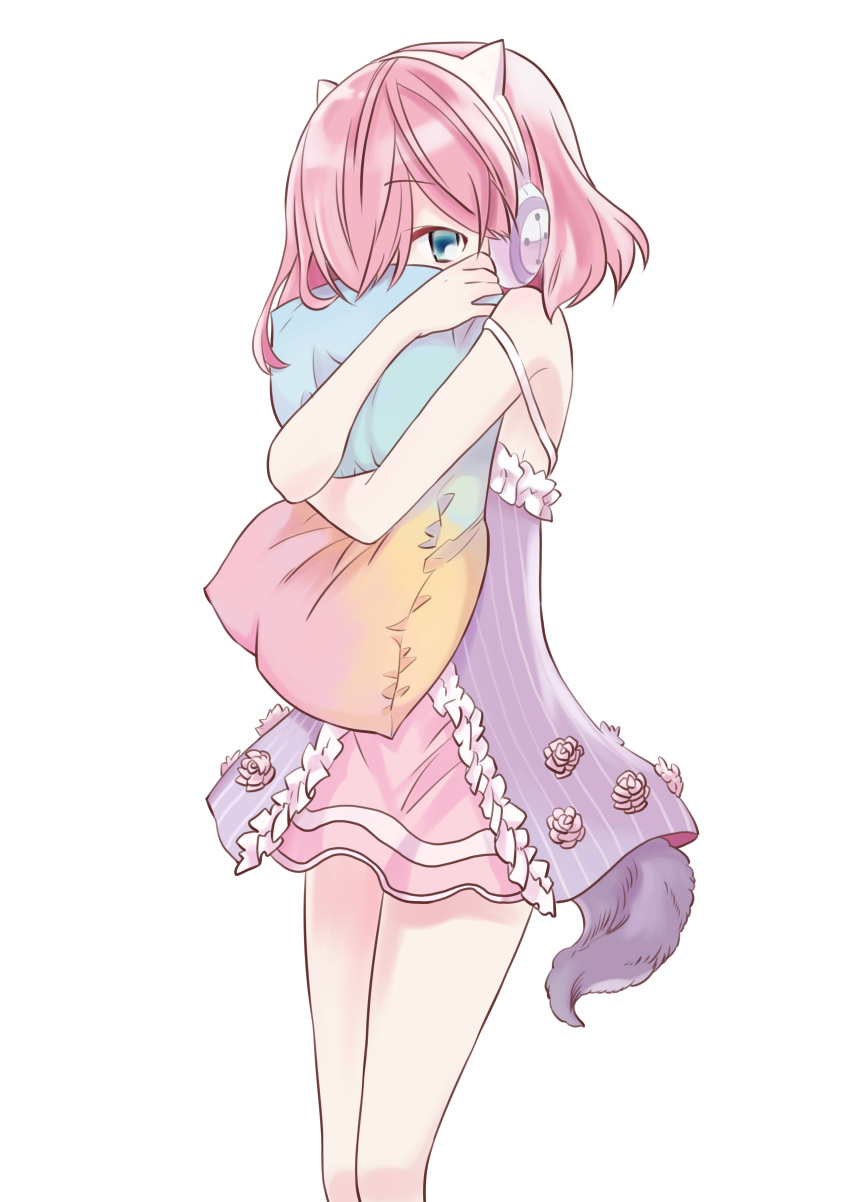 1girl absurdres animal_ear_headphones bangs bare_shoulders blue_eyes commentary_request dog_tail dress eyebrows_visible_through_hair flower gradient hair_over_one_eye headphones highres kyou_no_cerberus pillow pillow_hug pink_flower pink_hair pink_rose purple_dress rose roze_(kyou_no_cerberus) shuiye_ya_mei simple_background sleeveless sleeveless_dress solo strap_slip striped tail vertical-striped_dress vertical_stripes white_background