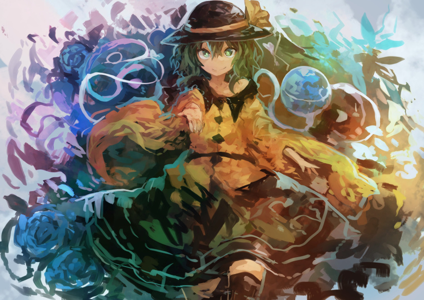 1girl absurdres black_headwear black_legwear blue_flower blue_rose closed_mouth colorful commentary_request cowboy_shot flower green_eyes green_hair green_skirt hair_between_eyes hat hat_ribbon heart highres kaamin_(mariarose753) komeiji_koishi long_sleeves looking_at_viewer medium_hair messy_hair off_shoulder outstretched_arm outstretched_hand reaching_out ribbon rose sanpaku shirt skirt smile solo thigh-highs third_eye touhou wide_sleeves yellow_ribbon yellow_shirt