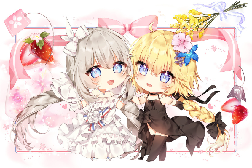 2girls bangs bare_shoulders black_bow black_dress black_footwear black_gloves black_legwear blonde_hair blue_eyes blue_flower bow chibi commentary dress english_commentary eyebrows_visible_through_hair fate_(series) flower food fruit gloves grey_hair hair_between_eyes hair_bow hair_flower hair_ornament heart highres jeanne_d'arc_(fate) jeanne_d'arc_(fate)_(all) low_twintails marie_antoinette_(fate/grand_order) multiple_girls pink_flower purple_flower see-through shoes sleeveless sleeveless_dress standing strawberry strawberry_blossoms taya_5323203 thigh-highs twintails white_bow white_dress white_footwear white_gloves yellow_flower