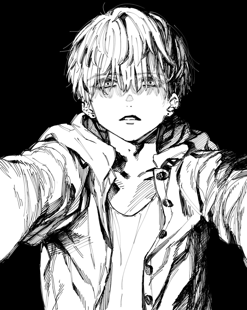 adam's_apple bangs black_background buttons collarbone commentary_request earrings eyebrows_visible_through_hair eyes_visible_through_hair greyscale hatching_(texture) highres jacket jewelry maki_keigo male_focus monochrome original parted_lips simple_background staring