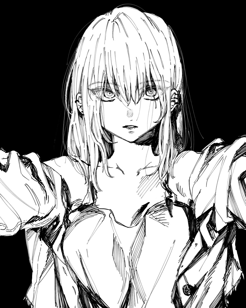 1girl bangs black_background breasts buttons collarbone commentary_request earrings eyebrows_visible_through_hair eyes_visible_through_hair greyscale hair_between_eyes hatching_(texture) highres jewelry long_hair maki_keigo monochrome original parted_lips simple_background solo staring