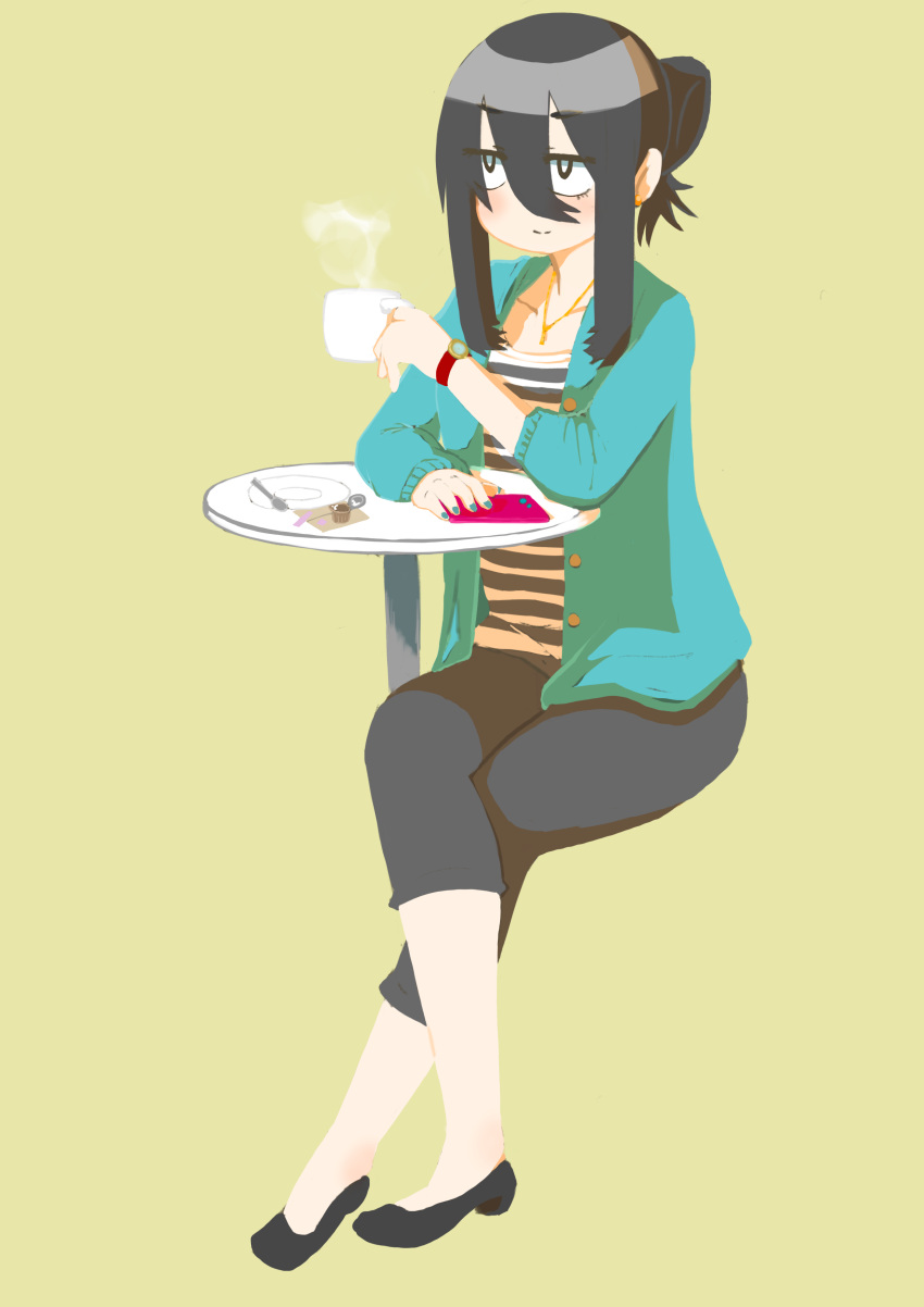 1girl absurdres black_hair cellphone cocoa_fuumi commentary_request crossed_legs cup eyebrows_visible_through_hair hair_between_eyes highres jewelry jitome necklace office_lady original pants phone rinko-san_(cocoa_fuumi) sanpaku shirt sidelocks simple_background sitting solo striped striped_shirt updo watch watch