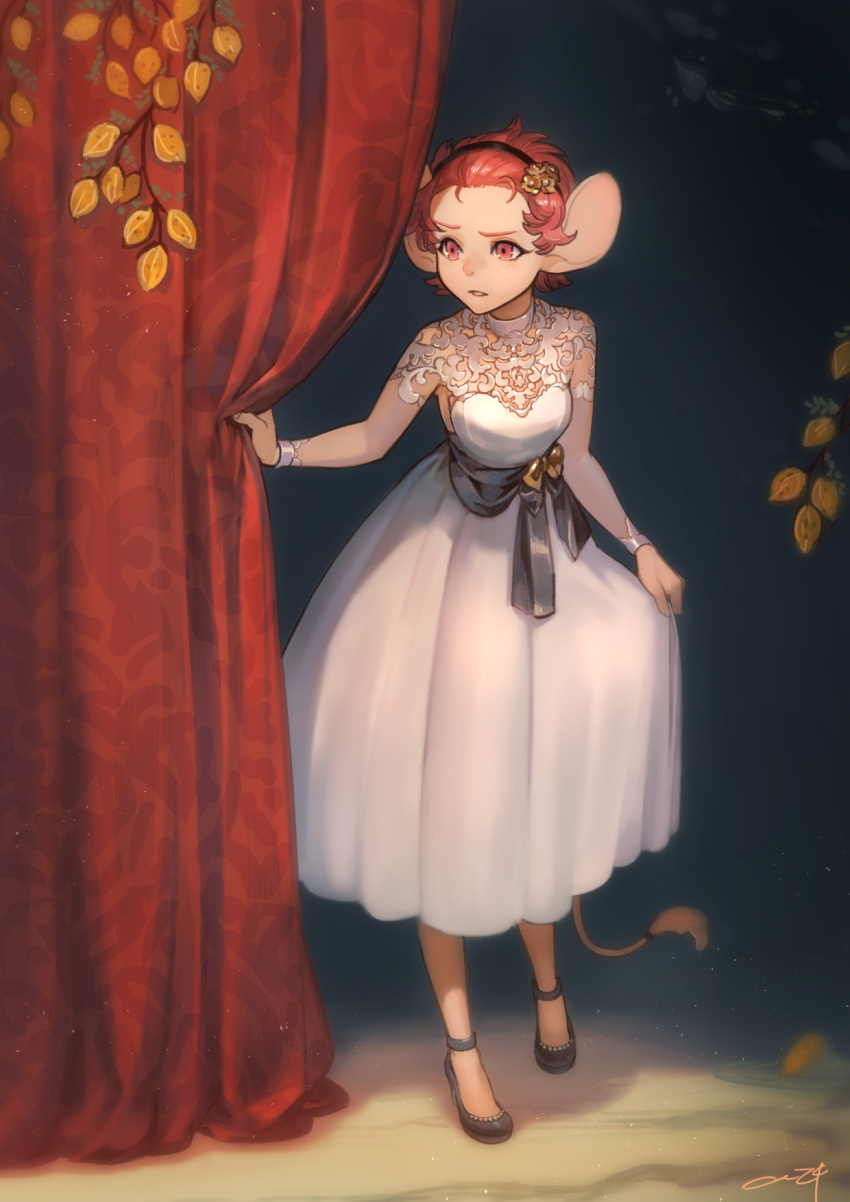 1girl animal_ears aureolin31 black_footwear commentary_request curtains dress dust_particles forehead full_body hairband highres looking_away mouse_ears mouse_girl mouse_tail pixiv_fantasia pixiv_fantasia_last_saga red_eyes redhead sash shoes short_hair signature skirt_hold solo tail white_dress