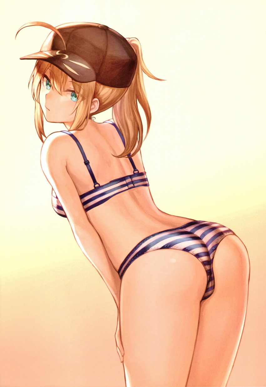 1girl absurdres artoria_pendragon_(all) ass bangs bare_shoulders baseball_cap blonde_hair bra breasts closed_mouth eyebrows_visible_through_hair fate/grand_order fate_(series) gradient gradient_background green_eyes hat highres long_hair looking_at_viewer looking_back mashu_003 mysterious_heroine_x panties ponytail scan shiny shiny_skin simple_background solo striped striped_bra striped_panties underwear underwear_only