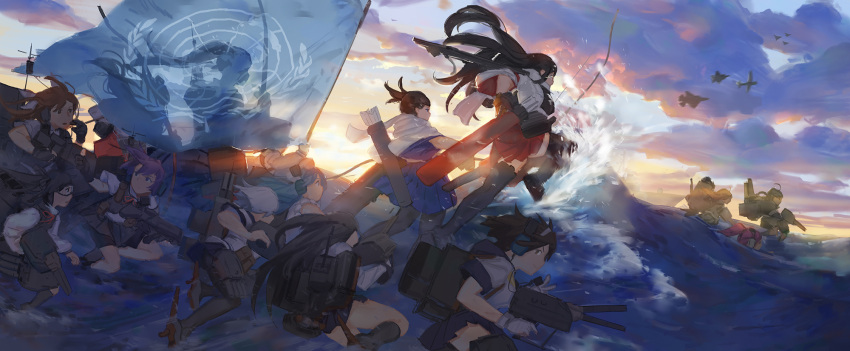 6+girls aircraft airplane akagi_(kantai_collection) asashio_(kantai_collection) bangs black_legwear bow_(weapon) character_request commentary english_commentary flag flight_deck gloves hakama hakama_skirt hamakaze_(kantai_collection) hat headset highres holding i-168_(kantai_collection) isuzu_(kantai_collection) japanese_clothes kaga_(kantai_collection) kagerou_(kantai_collection) kantai_collection long_hair long_sleeves multiple_girls remodel_(kantai_collection) ribbon rigging school_uniform serafuku shiranui_(kantai_collection) short_hair short_sleeves skirt sky tanikaze_(kantai_collection) united_nations water weapon ye_fan