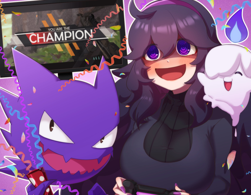 1girl :d @_@ ahoge apex_legends bangs black_dress blush breasts commentary_request dress gen_1_pokemon gen_5_pokemon hair_between_eyes hairband haunter hex_maniac_(pokemon) highres litwick long_hair nail_polish npc_trainer open_mouth outline party_popper playing_games pokemon pokemon_(creature) pokemon_(game) pokemon_xy purple_hair purple_hairband purple_nails shiny shiny_hair smile television ushiroki violet_eyes