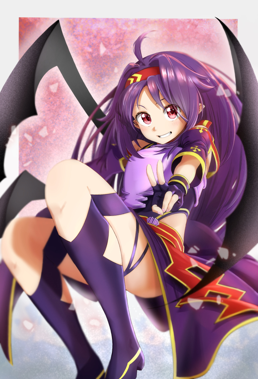 1girl ahoge artist_request ass bare_shoulders breastplate commentary_request detached_sleeves dress fingerless_gloves gloves grin hairband highres kneehighs long_hair looking_at_viewer parted_lips pointy_ears purple_hair purple_legwear red_eyes red_hairband smile solo sword_art_online teeth v very_long_hair yuuki_(sao)