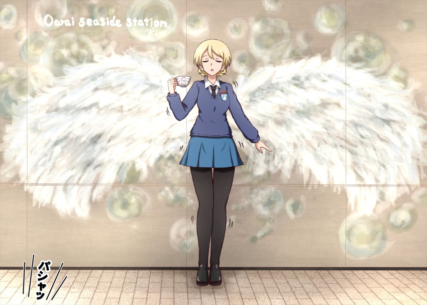 1girl angel_wings bangs black_footwear black_legwear black_neckwear blonde_hair blue_skirt blue_sweater braid brick_floor commentary cup darjeeling dress_shirt emblem english_text facing_viewer girls_und_panzer highres holding holding_cup loafers long_sleeves miniskirt motion_lines necktie omachi_(slabco) open_mouth outdoors pantyhose pleated_skirt pose real_world_location school_uniform shirt shoes short_hair skirt solo st._gloriana's_(emblem) st._gloriana's_school_uniform standing sweater teacup tied_hair twin_braids v-neck white_shirt white_wings wing_collar wings