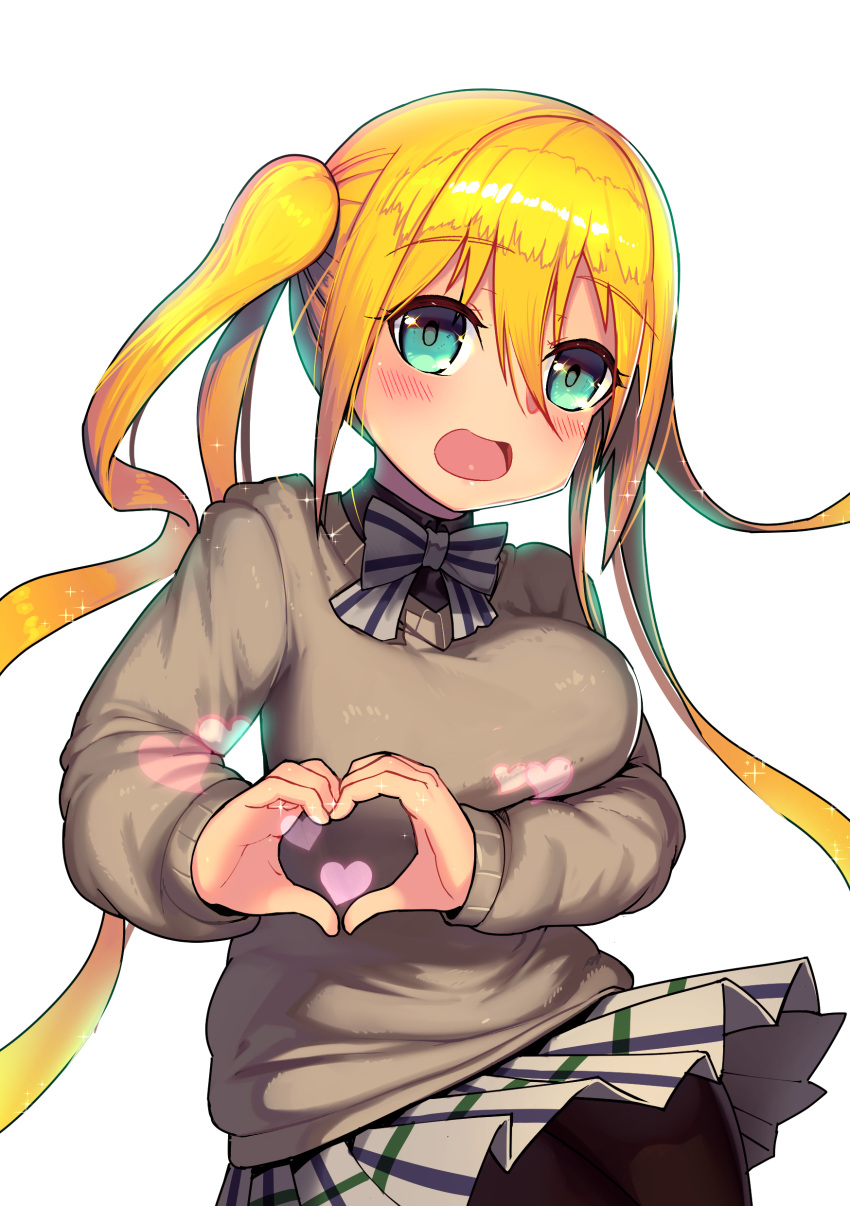 1girl :d absurdres bangs black_shirt blend_s blonde_hair blush bow breasts brown_legwear brown_sweater collared_shirt commentary_request eyebrows_visible_through_hair green_eyes hair_between_eyes hair_ornament heart heart_hair_ornament highres hinata_kaho korean_commentary large_breasts leonat long_hair long_sleeves looking_at_viewer open_mouth pantyhose plaid plaid_skirt pleated_skirt puffy_long_sleeves puffy_sleeves school_uniform shirt sidelocks simple_background skirt sleeves_past_wrists smile solo sparkling_eyes striped striped_bow sweater twintails very_long_hair white_background white_bow white_skirt