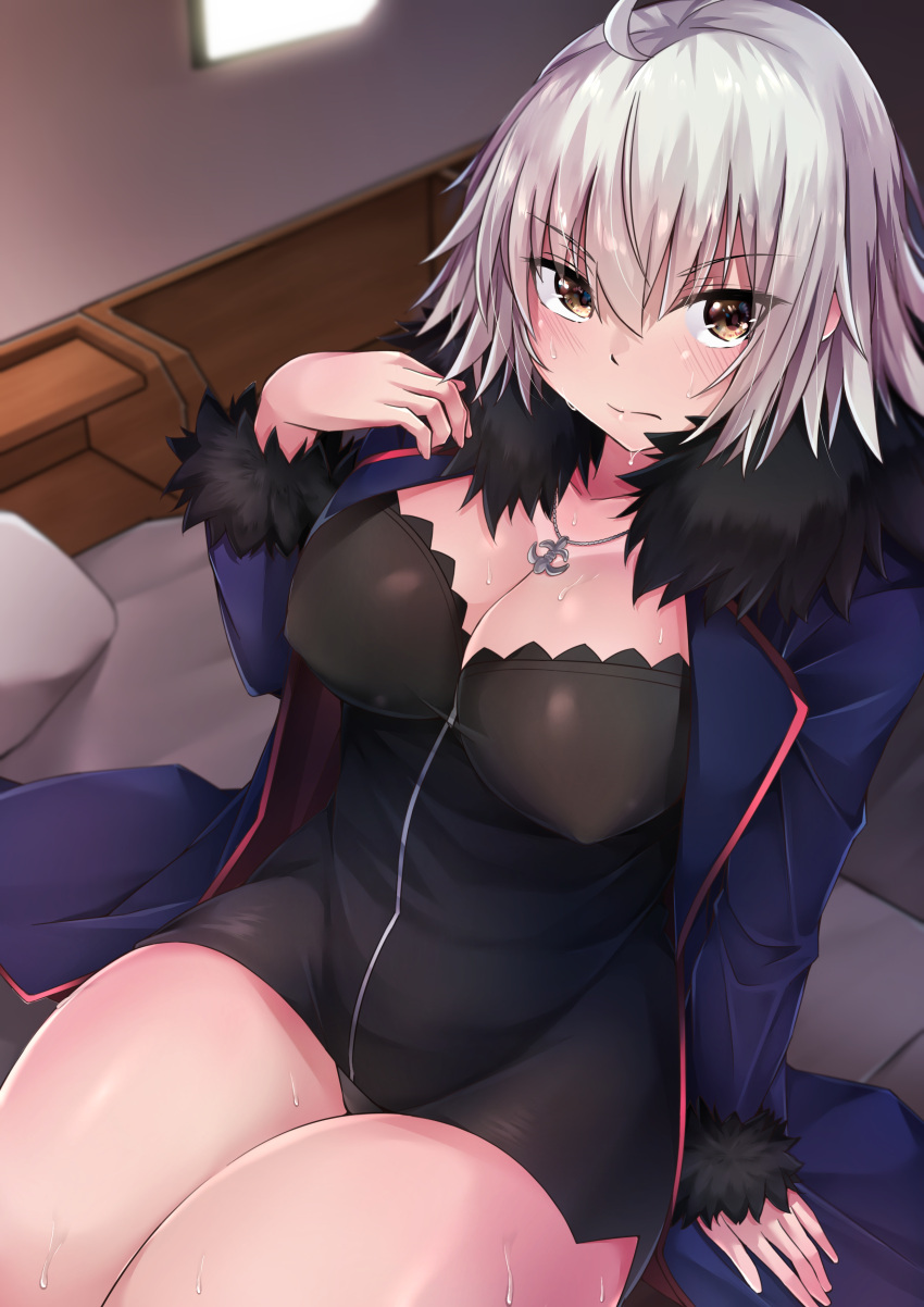 1girl 207loz absurdres ahoge black_dress black_panties blue_jacket breasts coat dress fate/grand_order fate_(series) fur-trimmed_coat fur-trimmed_jacket fur-trimmed_sleeves fur_collar fur_trim highres jacket jeanne_d'arc_(alter)_(fate) jeanne_d'arc_(fate)_(all) jewelry large_breasts necklace on_bed open_clothes open_coat open_jacket panties pantyshot pantyshot_(sitting) pillow short_dress short_hair silver_hair sitting solo sweat underwear wicked_dragon_witch_ver._shinjuku_1999 yellow_eyes