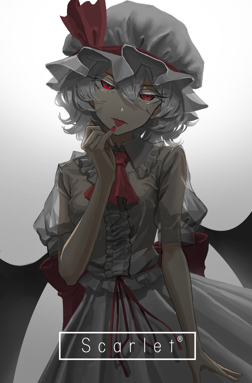 1girl :p absurdres ascot bangs bat_wings colored_eyelashes commentary cowboy_shot dress eit_(ikeuchi) frilled_shirt_collar frills gradient gradient_background grey_background hair_between_eyes hand_up hat hat_ribbon head_tilt highres mob_cap nail_polish puffy_short_sleeves puffy_sleeves red_eyes red_nails red_neckwear red_ribbon remilia_scarlet ribbon see-through_sleeves short_hair short_sleeves silver_hair solo standing tongue tongue_out touhou white_background white_dress white_headwear wings